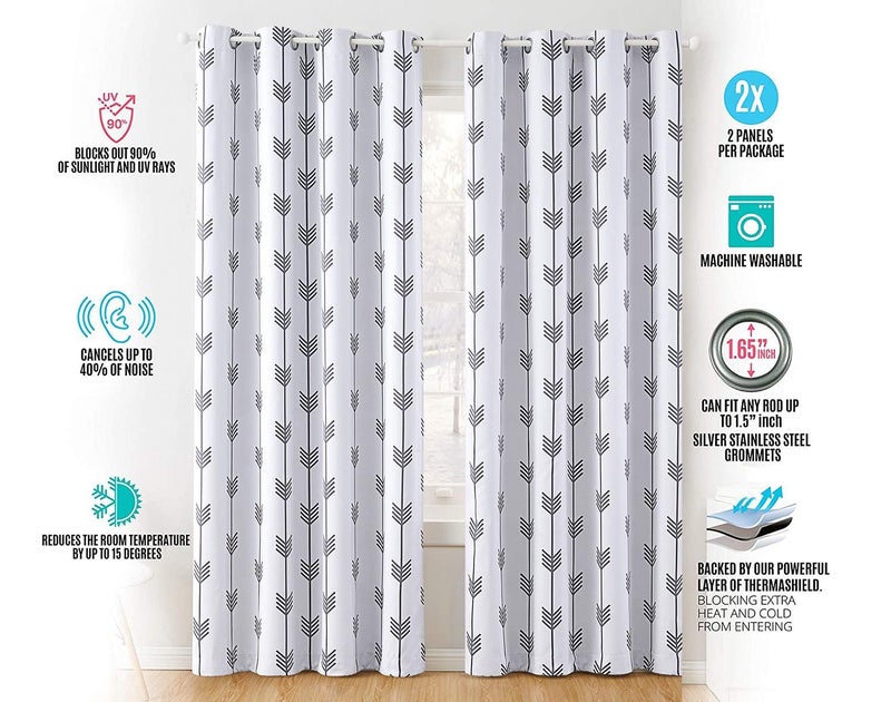HLC.ME Arrow Printed Privacy Blackout Energy Efficient Room Darkening Thermal Grommet Window Curtain Drape Panels for Kids Bedroom - Set of 2 - Platinum White/Grey - 84" inch Long - Image 4